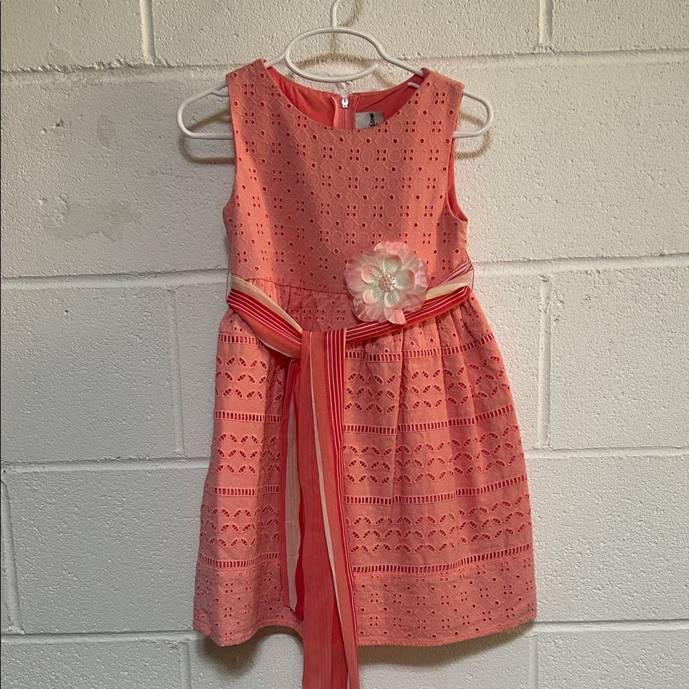 Coral Eyelet Flower Sash Girls' Dress